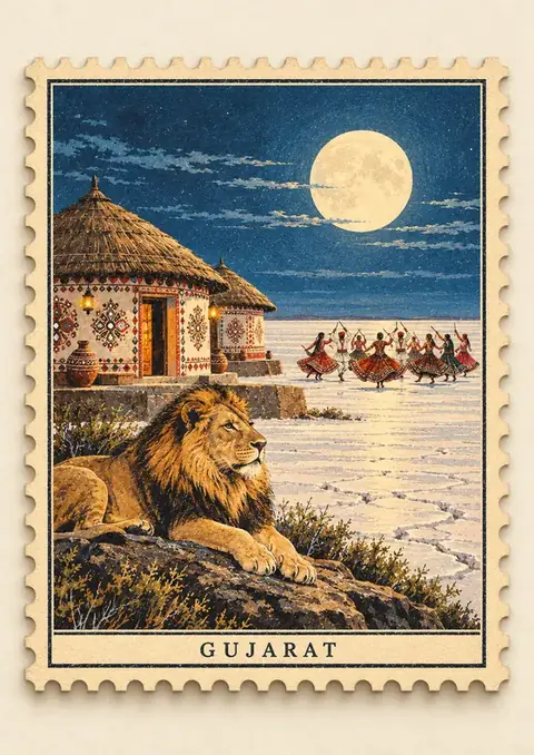 Gujarat Stamp poster, Vintage postage stamp