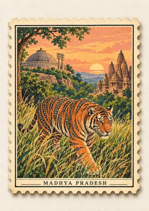 Madhya Pradesh Stamp poster, Vintage postage stamp
