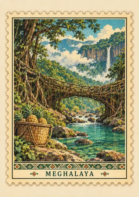 Meghalaya Stamp poster, Vintage postage stamp