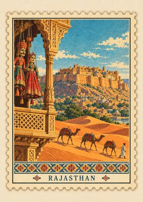Rajasthan Stamp poster, Vintage postage stamp