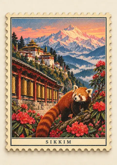 Sikkim Stamp poster, Vintage postage stamp