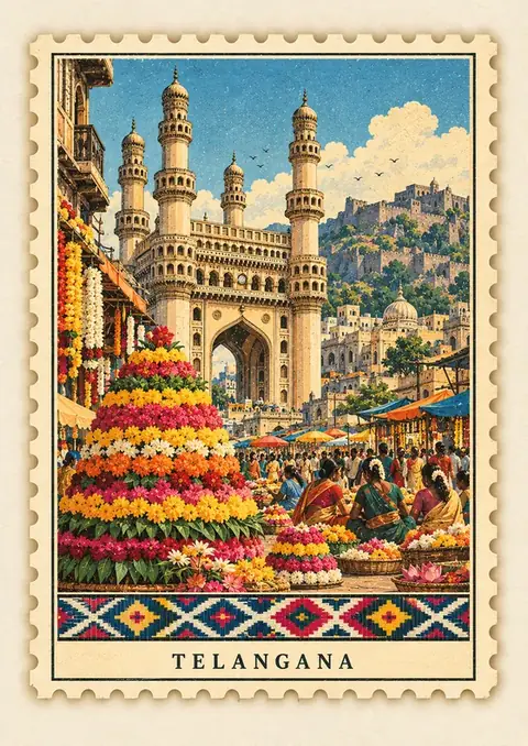 Telangana Stamp poster, Vintage postage stamp