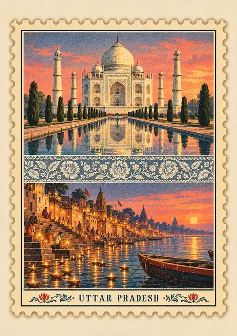 Uttar Pradesh Stamp poster, Vintage postage stamp