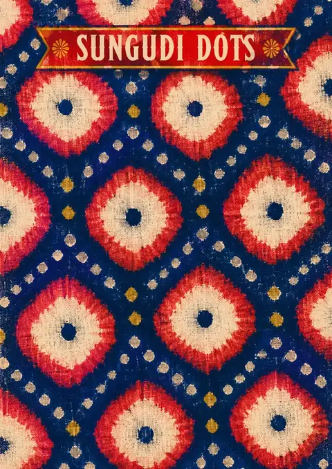 Sungudi Dots poster, Tie-dye textile, indigo & red