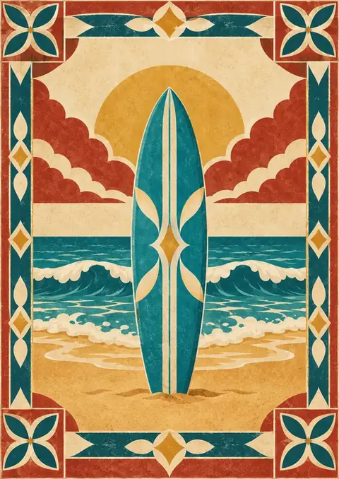 Surfboard poster, Vintage tile frame