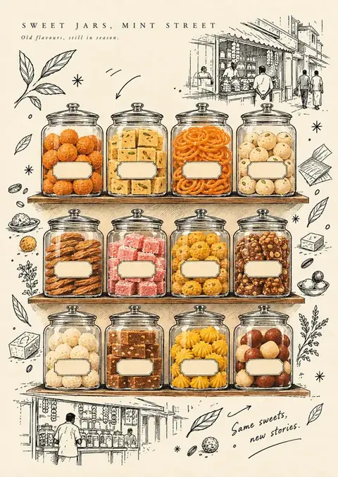 Sweet Jars, Mint Street poster, Ink sketches and painted jars