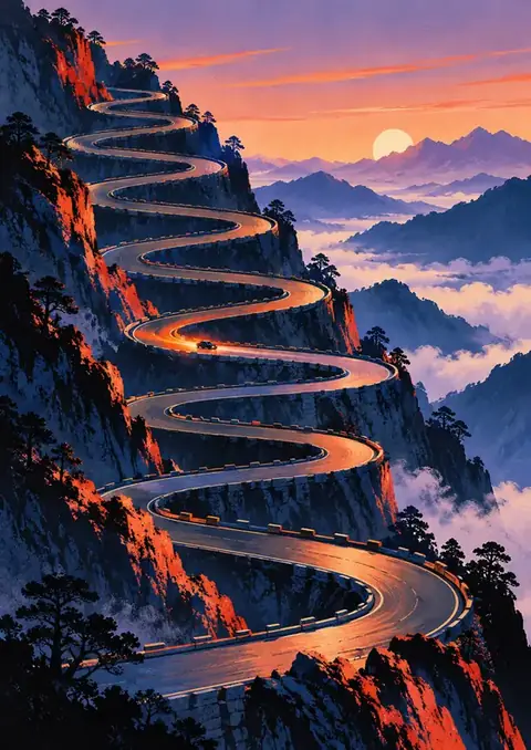 Switchbacks poster, Painted landscape, dusk
