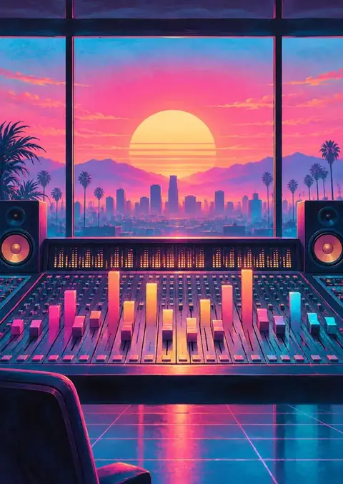 Sunrise Studio poster, Synthwave illustration