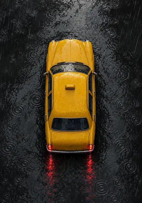 Last Fare poster, Overhead photograph, wet black & yellow