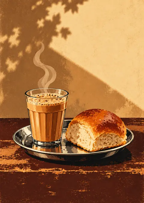 Tea and Bun poster, Warm still-life illustration