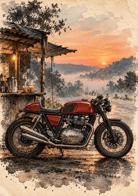 Tea Stop at Dawn poster, Ink-and-wash sketch