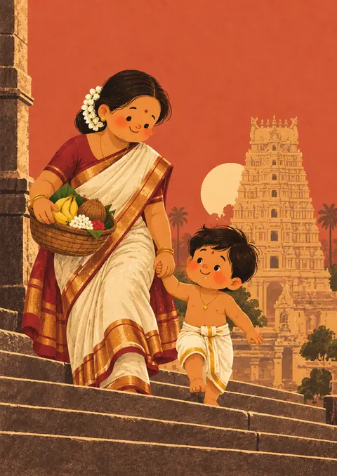 Temple Steps poster, Cute flat illustration