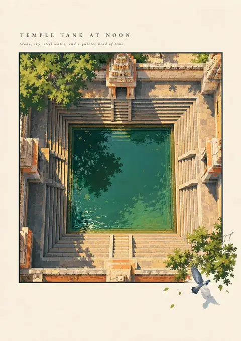 Temple Tank at Noon poster, Painterly overhead, stone & green