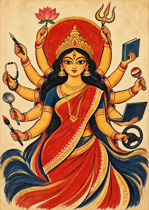 Ten Arms, Many Roles poster, Bengal folk painting