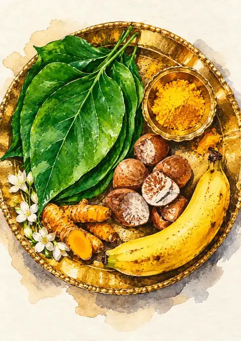 Brass Thali Offering poster, Loose watercolour, brass & green