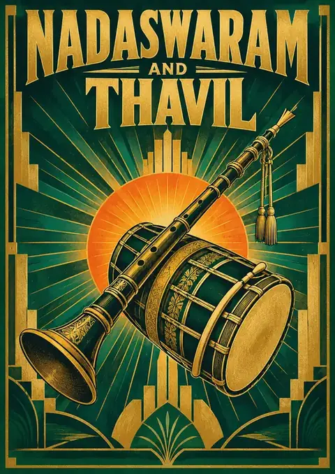 Nadaswaram and Thavil poster, Art Deco poster, deep green & gold