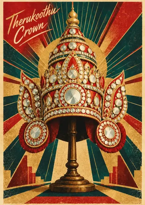 Therukoothu Crown poster, Retro poster, red & teal rays