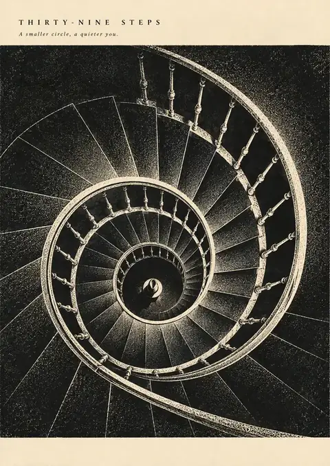 Thirty-Nine Steps poster, Engraving, black & white