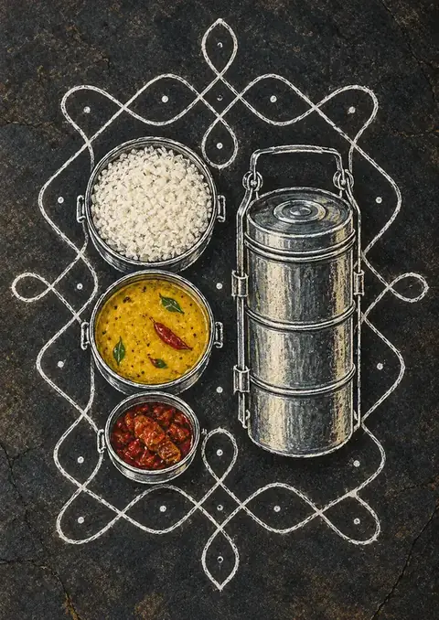Tiffin on a Kolam poster, Chalk drawing on slate
