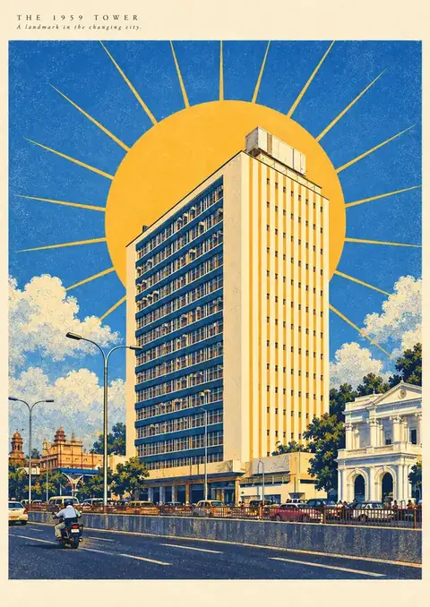 The 1959 Tower poster, Retro travel poster, blue & yellow