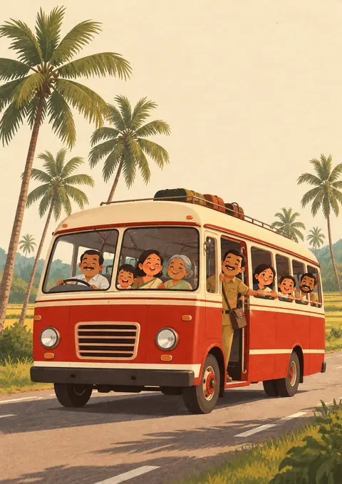 Town Bus poster, Cute flat illustration