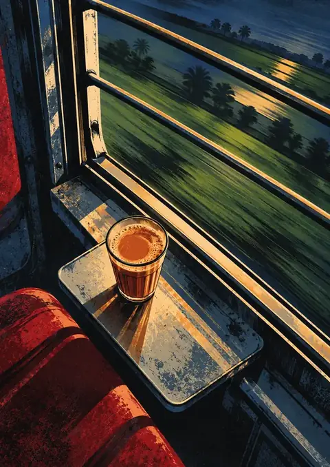 Chai on the Train poster, Painted interior, red & green