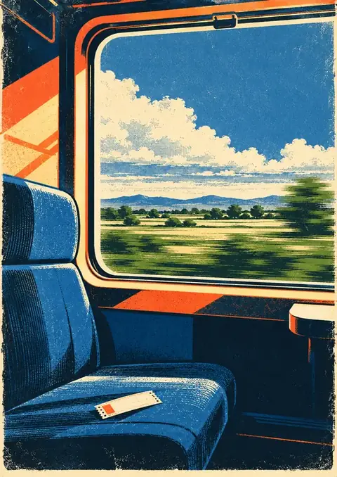 Window Seat poster, Retro print, blue & orange