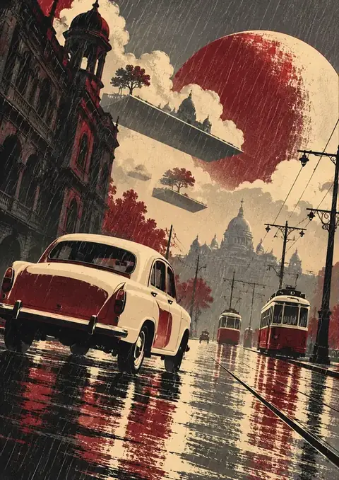 Tram in the Rain poster, Surrealist rain painting