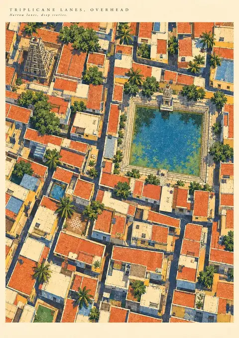 Triplicane Lanes, Overhead poster, Overhead illustration, terracotta & blue