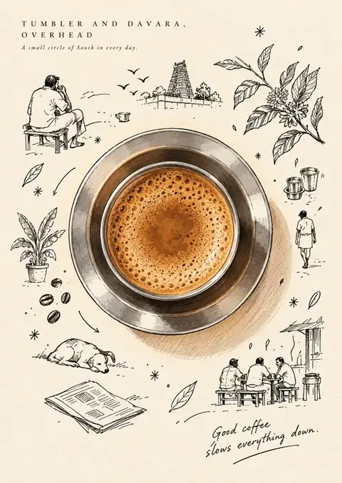 Tumbler and Davara poster, Ink sketches around a painted cup