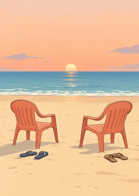 Two Chairs poster, Pastel line art, apricot & sea blue