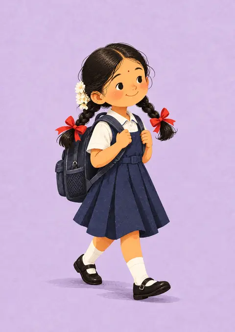 Two Plaits to School poster, Cute flat illustration