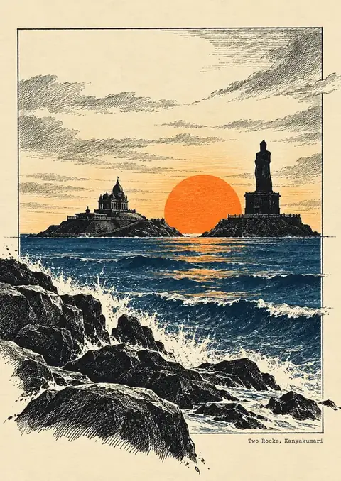 Two Rocks, Kanyakumari poster, Engraved seascape, navy & orange