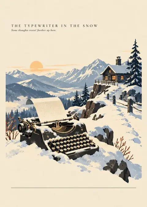 The Typewriter in the Snow poster, Vintage illustration, snow & slate