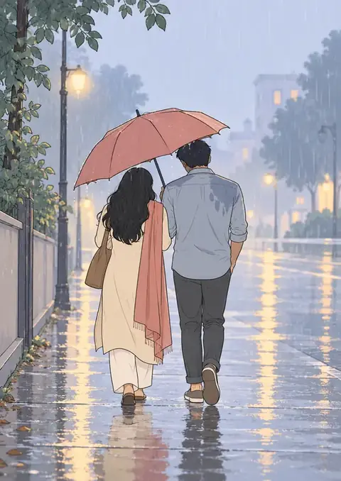 One Umbrella poster, Pastel line art, rain grey & coral