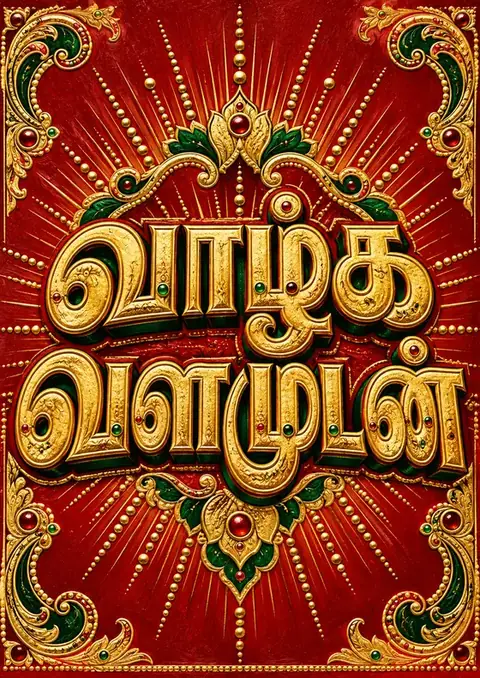 Vaazhga Valamudan poster, Tanjore gold, temple red