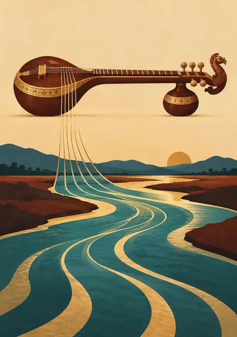 Veena poster, Flat illustration, rosewood & river blue