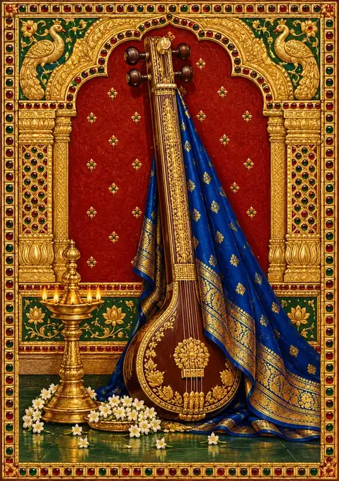 Veena Shrine poster, Tanjore painting, gold relief