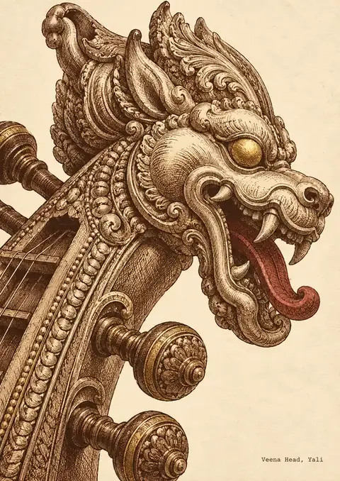 Veena Head, Yali poster, Copperplate engraving, sepia