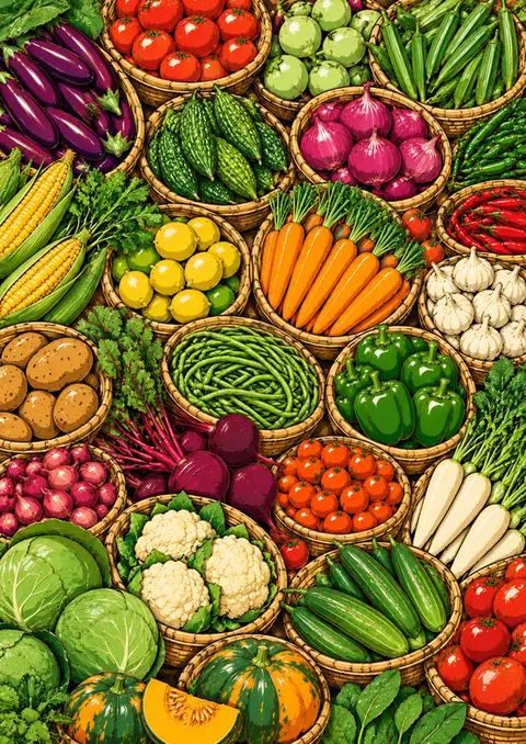 Market Baskets poster, Bold enamel illustration