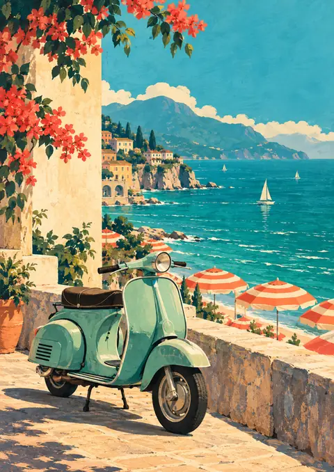 Scooter by the Sea poster, Vintage travel gouache