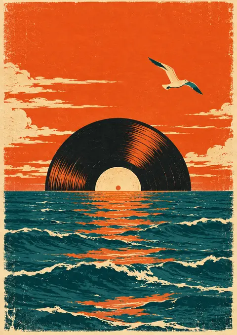 Vinyl Sunset poster, Retro screen print
