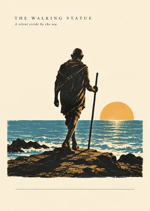 The Walking Statue poster, Silhouette illustration, sea blue & bronze