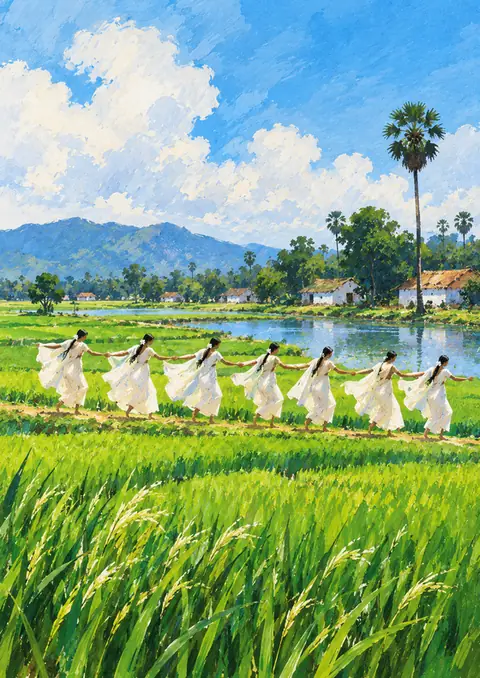 White Angels in the Paddy poster, Gouache painting