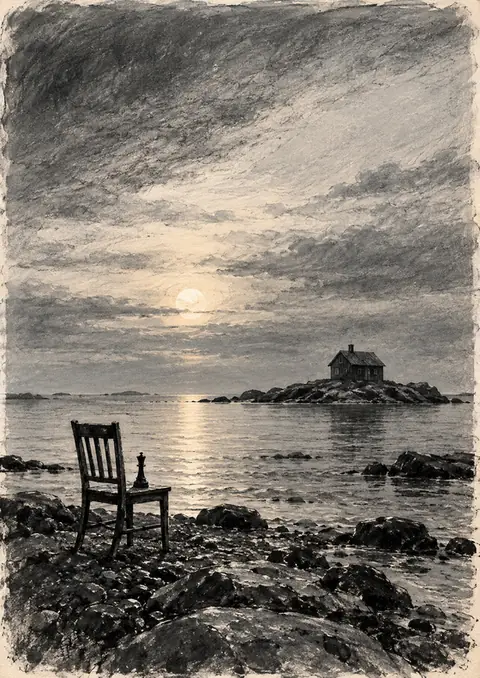 The Island in White Night poster, Charcoal drawing