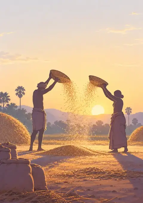 Winnowing poster, Pastel silhouette, straw gold