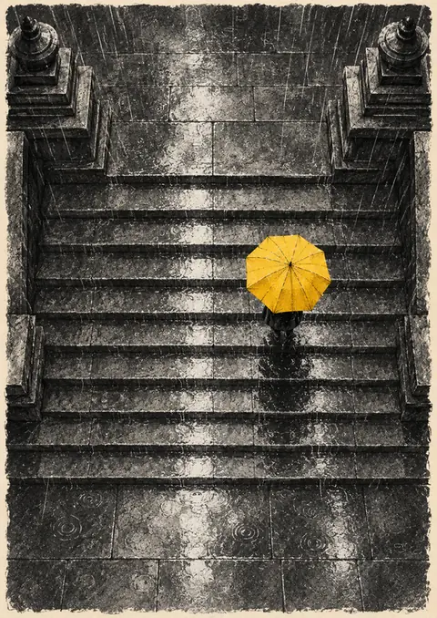 Yellow Umbrella poster, Charcoal drawing, one colour